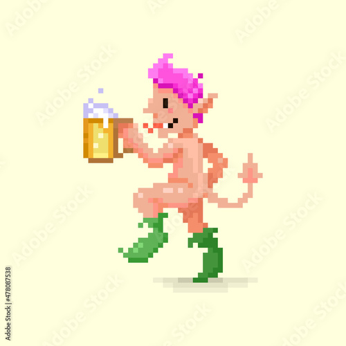 colorful simple flat pixel art illustration of cartoon fantasy naked dancing devil, elf, gremlin, troll, satyr, faun, pan or goblin with a glass of beer