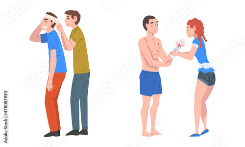 Emergency First Aid Procedure with Man and Woman Helping Victim Bandaging Hand and Head Vector Set