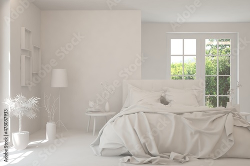 Stylish bedroom in white color with summer landscape in window. Scandinavian interior design. 3D illustration