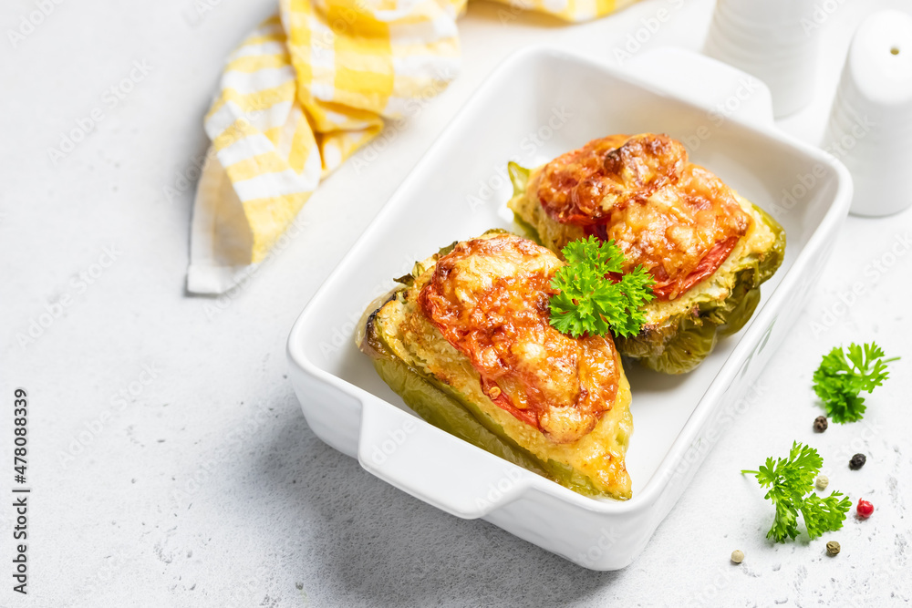 stuffed bell peppers in baking dish. Copy space. stuffed bell peppers in baking dish. Copy space.