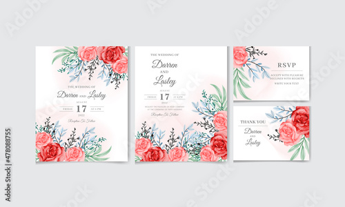Wedding invitation card set with abstract and pink flower watercolor background. Editable premium vector template