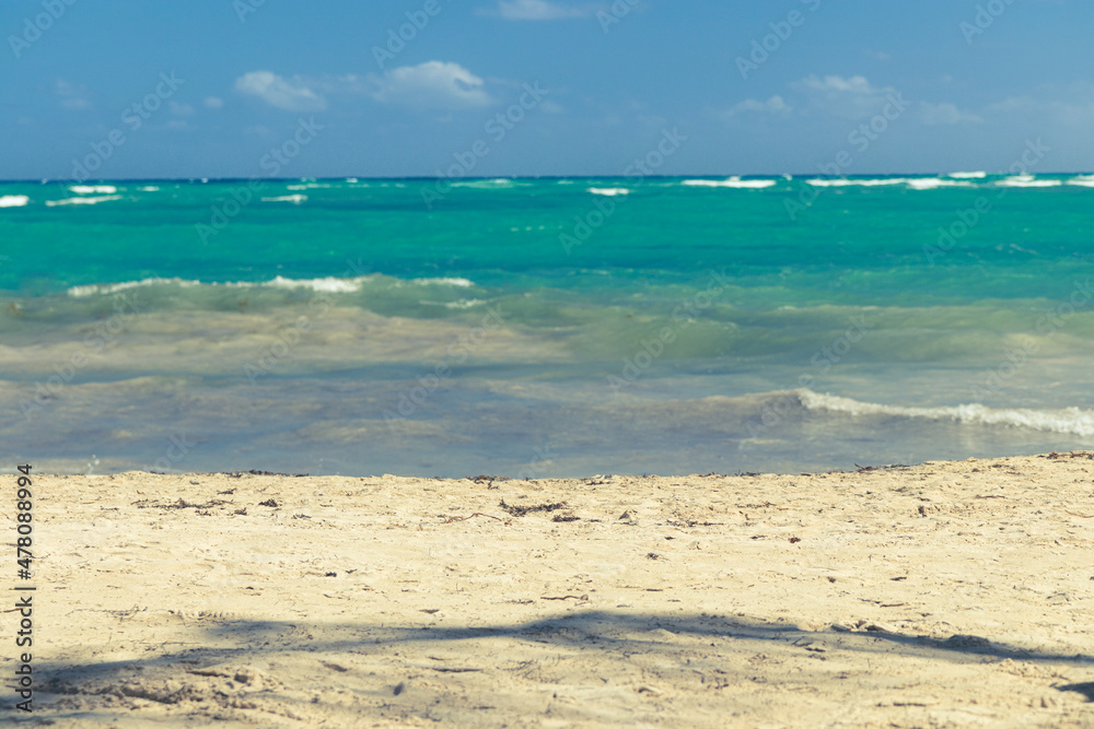 Fototapeta premium Travel concept. Turquoise ocean and sand beach landscape. 