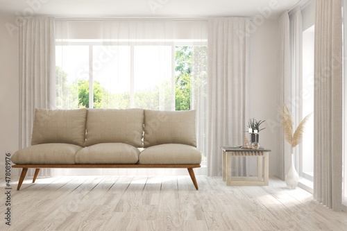 Wallpaper Mural White living room with sofa and summer landscape in window. Scandinavian interior design. 3D illustration Torontodigital.ca