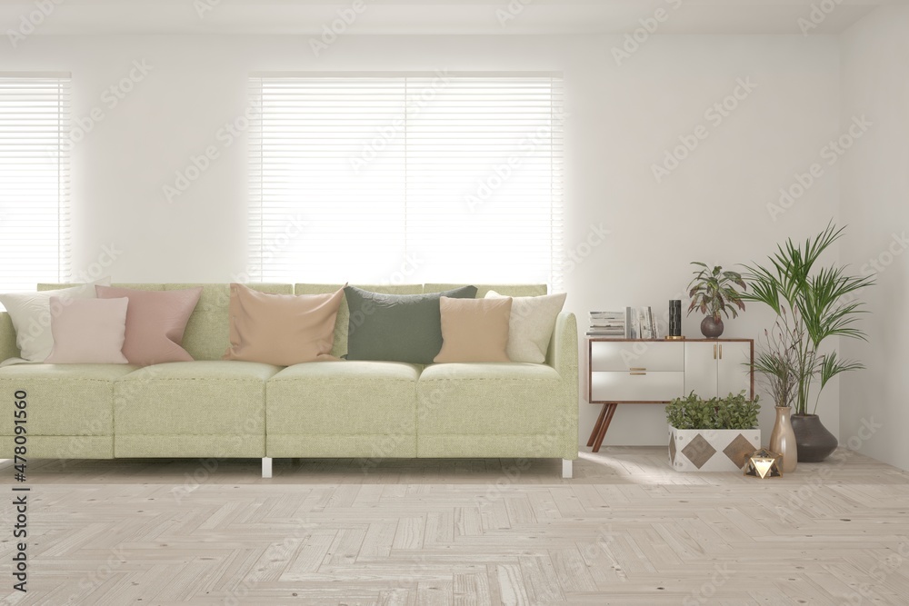 White living room with sofa. Scandinavian interior design. 3D illustration White living room with sofa. Scandinavian interior design. 3D illustration
