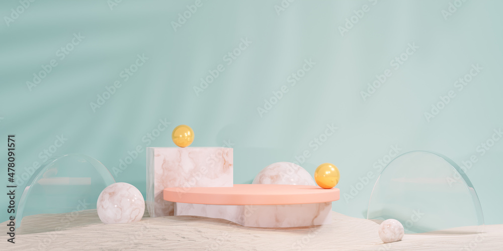 marble podium with glass circle on pastel background scene for product presentation. Mock up for exhibitions, 3d illustration marble podium with glass circle on pastel background scene for product presentation. Mock up for exhibitions, 3d illustration
