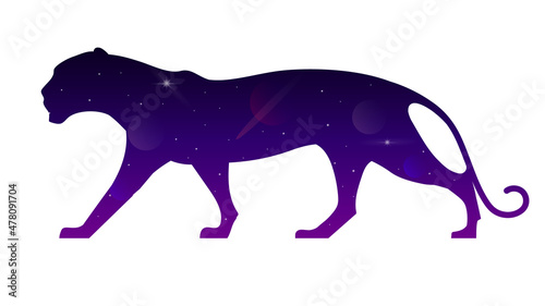 The image of a panther, leopard, tiger against the background of the stars. Multiple exposure