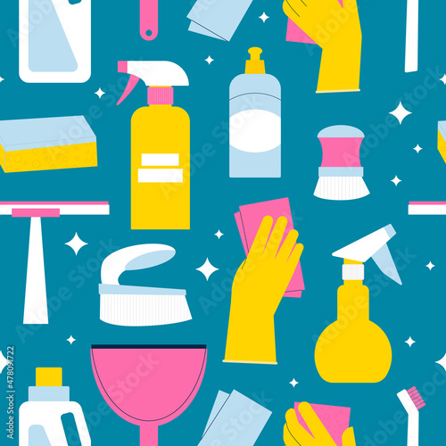 Cleaning supplies seamless pattern. Hands in gloves, brush and detergent bottles. Flat illustration of housekeeping products for professional cleanup.