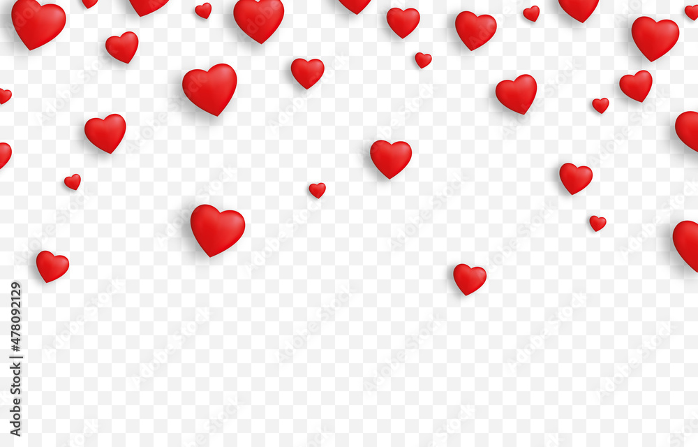 Vector realistic hearts png. Hearts on an isolated transparent background. Hearts falling from the sky png. Holiday, Valentine's Day.