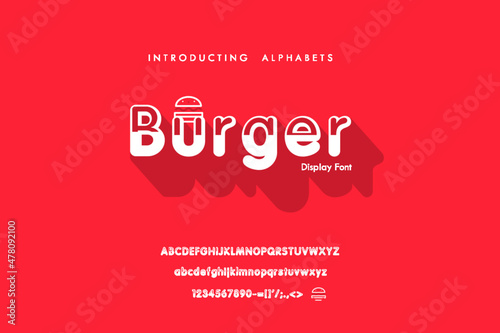 Illustration of Burger logo with hand lettering isolated on a red background. Design concept  template  element  Alphabets font
