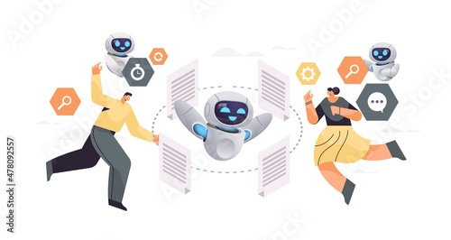 overworked businesspeople and robot helper working with paper documents paperwork deadline artificial intelligence