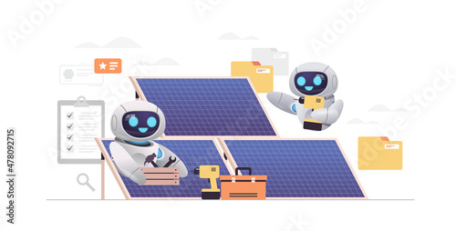 robots standing near solar panels station robotic engineers checking alternative energy and using sunlight for producing electric