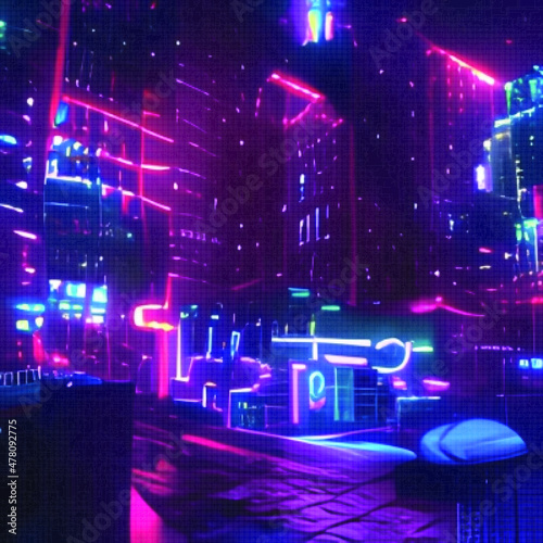 Cyberpunk futuristic wallpaper with blue and purple neon lights. Colorful techno backdrop with aesthetics of style of 80's. Glowing neon abstraction. Futuristic abstract background.