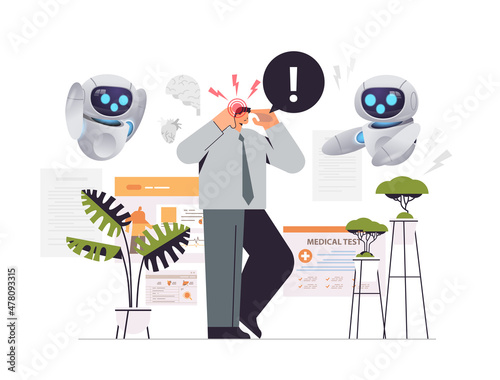 tired businessman suffering from headache painful area highlighted in red color sad busy man feeling bad