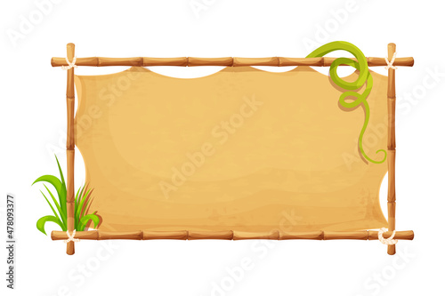 Frame from bamboo sticks, old paper, rope, grass in comic cartoon style isolated on white background. Tribal, rural clip art. Ui game asset.