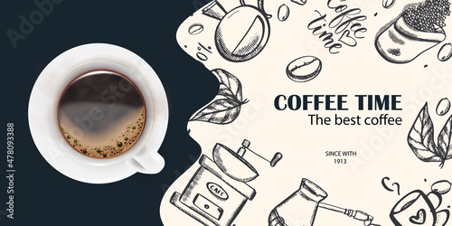 A cup of coffee. A sketch of a banner with coffee beans, leaves, a coffee grinder, a coffee maker on a light milky background for a poster or other template design