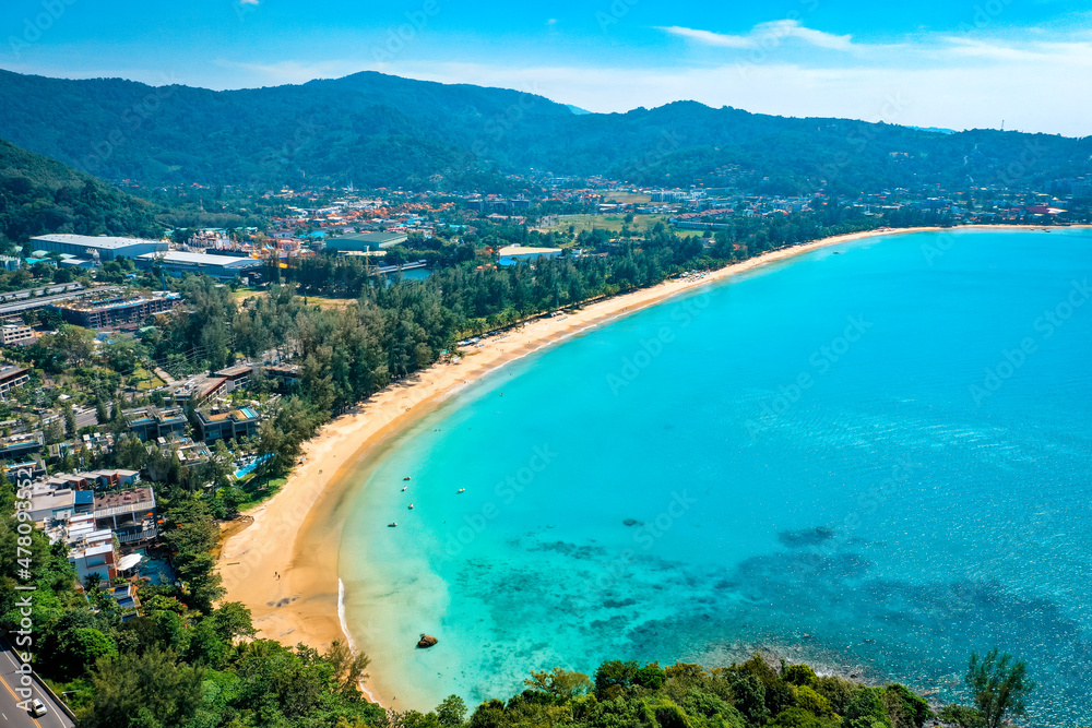 Aerial view of kamala beach at sunset in Phuket in Thailand