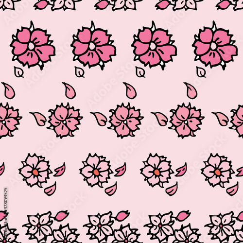 Vector pink background white pink cherry tree flowers and cherry blossom sakura flowers. Seamless pattern background