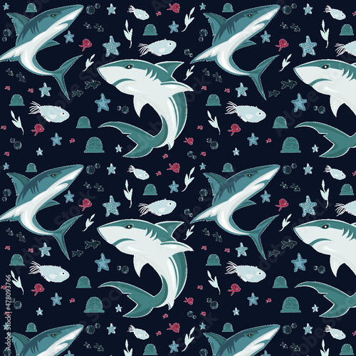 shark fish In Cute Sea Animals Seamless Pattern Background