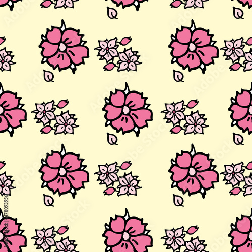 Vector yellow background white pink cherry tree flowers and cherry blossom sakura flowers. Seamless pattern background