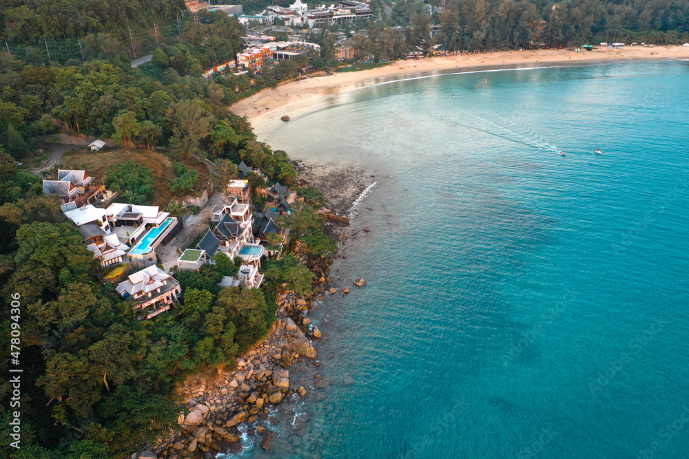 Aerial view of kamala beach at sunset in Phuket in Thailand