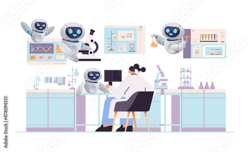 research scientist with robots helpers working with test tubes researchers making chemical experiments in lab