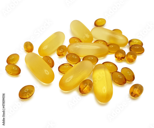 Omega 3 fish oil capsules isolated on a white background