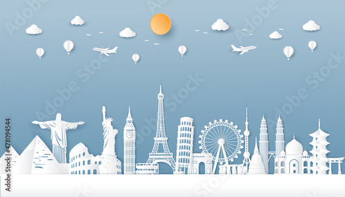 Travel famous landmarks around world in paper cut. postcards europe,america asia. vector illustration in origami craft style.