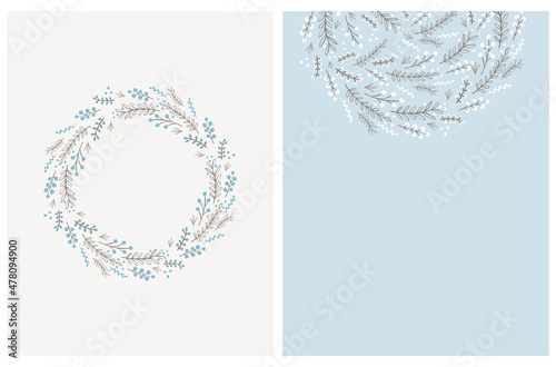 Cute Hand Drawn Floral Vector Illustrations. Blue and Light Brown Flowers, Leaves and Twigs Isolated on a Pastel Blue and Off-White Background. Infantile Style Round Shape Floral Wreaths. No Text.