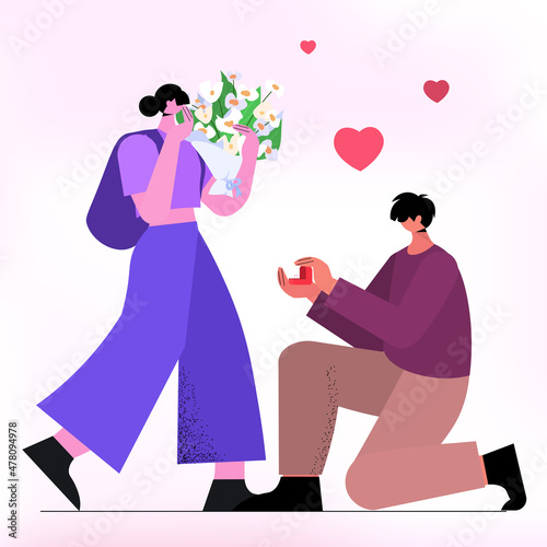 man kneeling holding engagement ring proposing woman marry him happy valentines day concept full length vector illustration