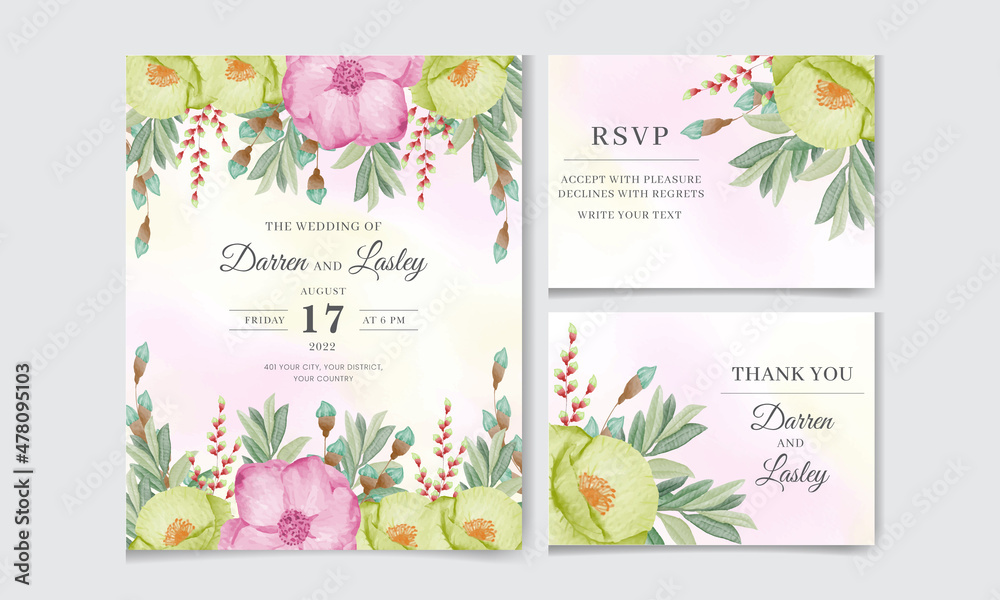 Elegant wedding invitation card set template with beautiful flowers and leaves. Editable premium vector template Elegant wedding invitation card set template with beautiful flowers and leaves. Editable premium vector template