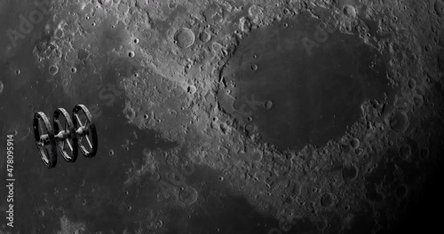 Spaceship overflying moon surface. Mare Crisium photo