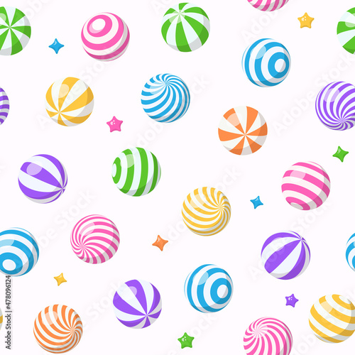 Seamless pattern with striped spheres  bubble gum  round candies or beach bouncy balls. Vector cartoon background with colorful sweet dragee  gumballs or plastic sport toys with twirls