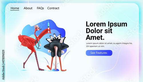 doctor ostrich vaccinating bird patient fight against coronavirus vaccine development concept