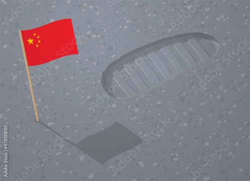 Astronaut boot footprint and Chinese flag on Moon surface. First foot print of man in space. Vector cartoon flag of China and spaceman step trace on alien planet sand. Track of cosmonaut shoe