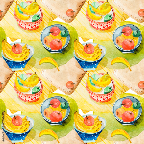 .Watercolor seamless pattern of vegetarian still life on a tablecloth of fruits on plates. Healthy food. Realistic bananas, pears and apples for printing on fabric and packaging.