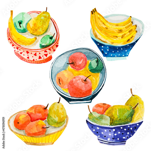 Watercolor set of fruit plates. Illustration of fruits and colorful bowls on an isolated white background. Healthy vegetarian food. Fresh bananas, apples and pears for cards, patterns and banners.