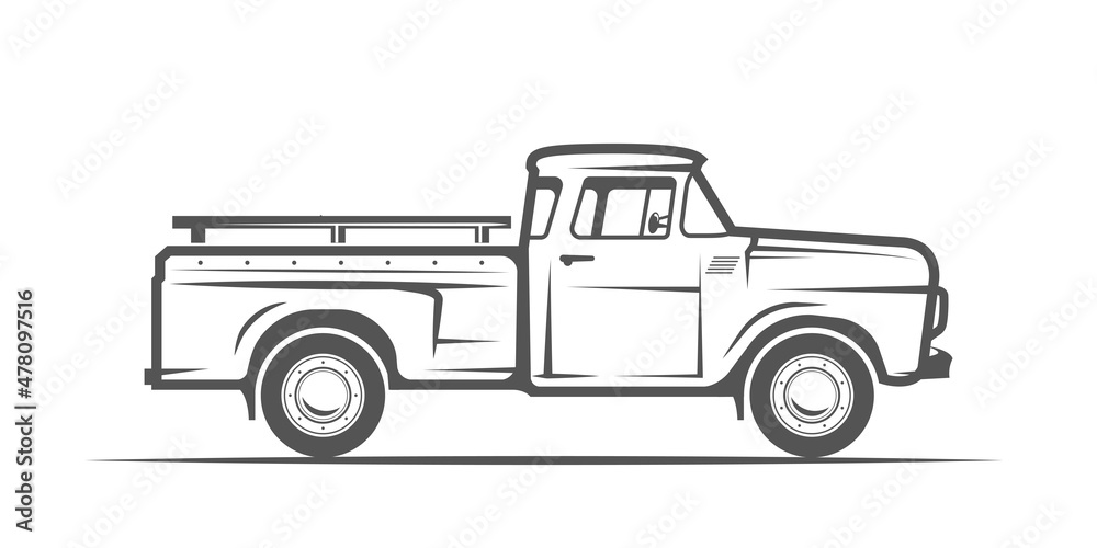 Pickup truck. Vintage vector illustration for logo and emblems. Isolated side view. Classic farm car drawn in a linear style. - obrazy, fototapety, plakaty 