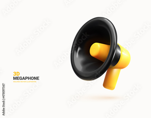 3d vector isolated megaphone on white background. Three dimensional black and yellow loudspeaker