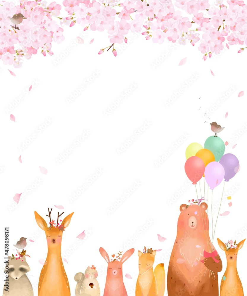 森の動物が満開の桜の木の下にいる春の北欧風かわいい風船付きフレームイラストベクター素材 Stock Vector Adobe Stock