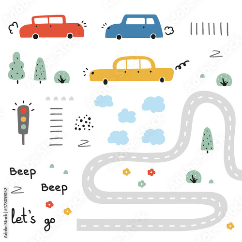Cute map creator with cars, trees, road, text. Hand drawn vector illustration