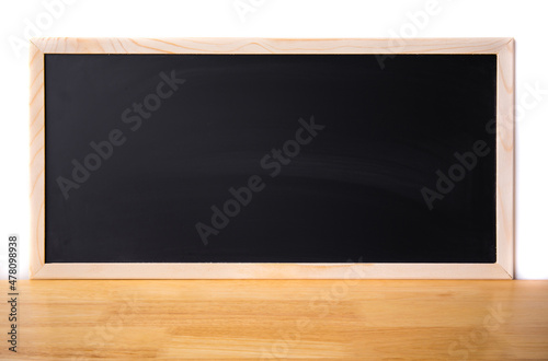 Wooden plank table for graphic stand product, interior design or montage display your product with blank texture blackboard with chalk for background. education concept.