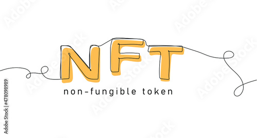 NFT non-fungible token. Blockchain technology in digital crypto art, computer illustration, design. One continuous line drawing. Vector illustration