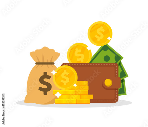 Money bag, coins in flat vector illustration.