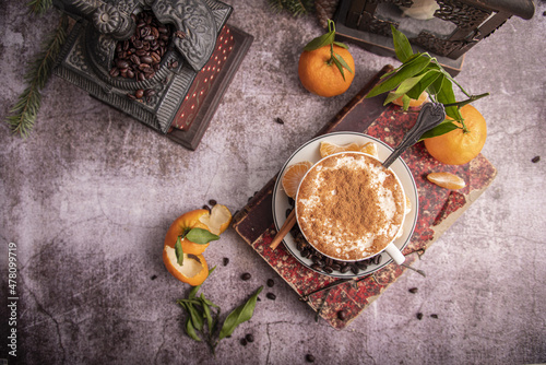 Concept of tasty breakfast with mandarin jam on white textured table.