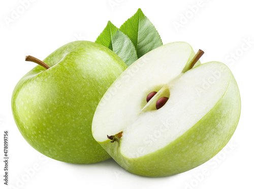 Green apples with leaves, isolated on white background