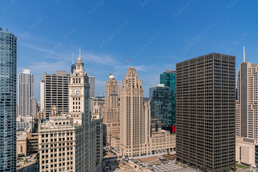 Aerial panoramic city view of Chicago downtown area at day time, Illinois, USA. Bird's eye view of skyscrapers at financial district, skyline. A vibrant business neighborhood.
