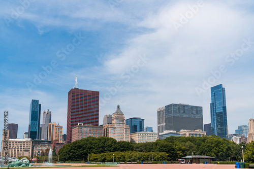 Chicago skyline panorama from Park at day time. Chicago  Illinois  USA. Skyscrapers of financial district  a vibrant business neighborhood.