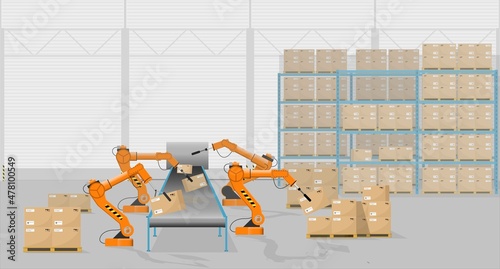 Modern automated warehouse logistics center. The robo-arm stacks the cartons on the belt onto pallets. Vector illustration.