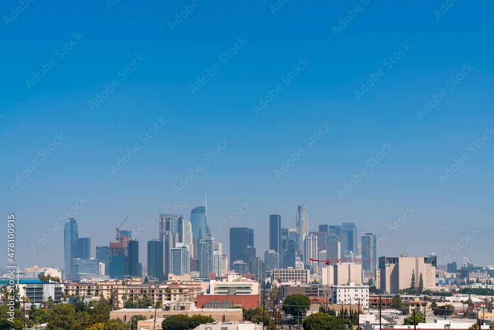 Skyline of Los Angeles downtown at summer day time, California, USA. Skyscrapers of panoramic city center of LA.