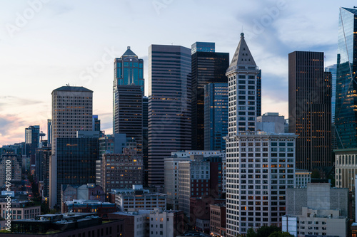Seattle aerial skyline panorama of downtown at sunset, Washington USA. © VideoFlow